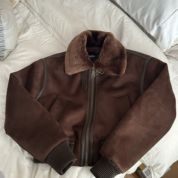 Zara double faced jacket aviator bomber coat faux fur suede brown XS 6318/239 - Picture 15 of 16